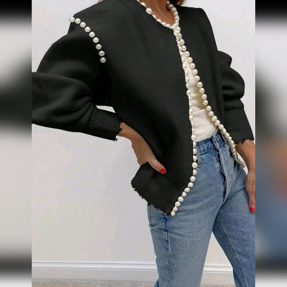Solid Color Cardigan, Pearl Trim Distressed Hem, Long Sleeve, Elegant Knit Sweat - Picture 5 of 7